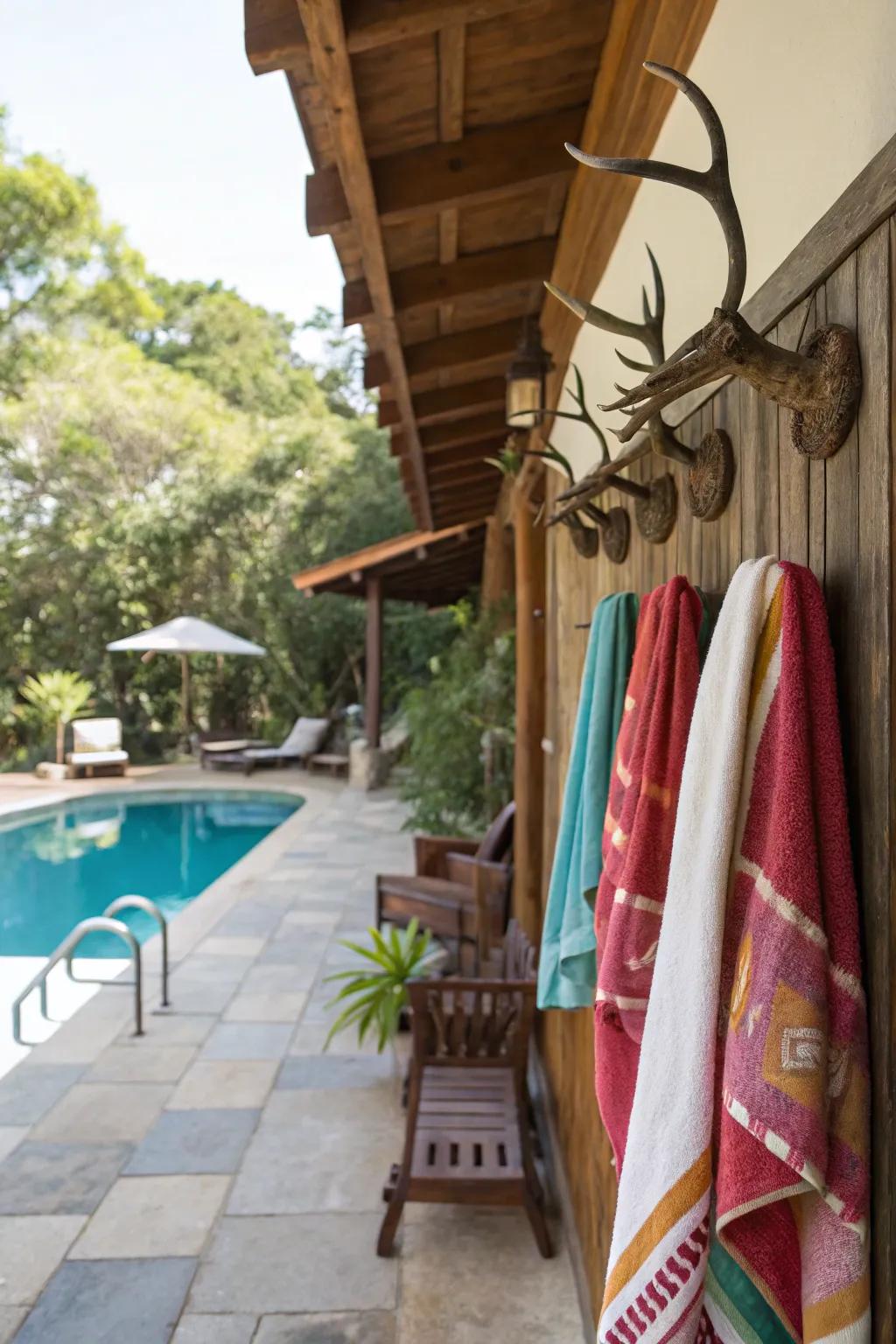 Bring rustic charm to your poolside with antler hooks.