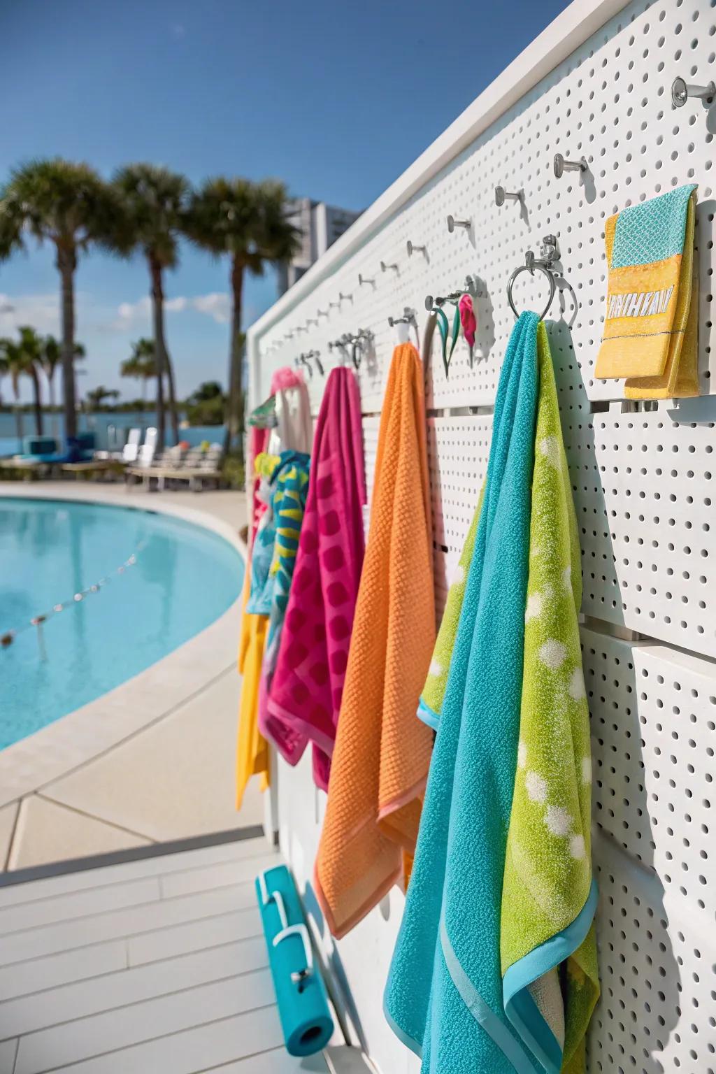 Customize your towel storage with a colorful pegboard.