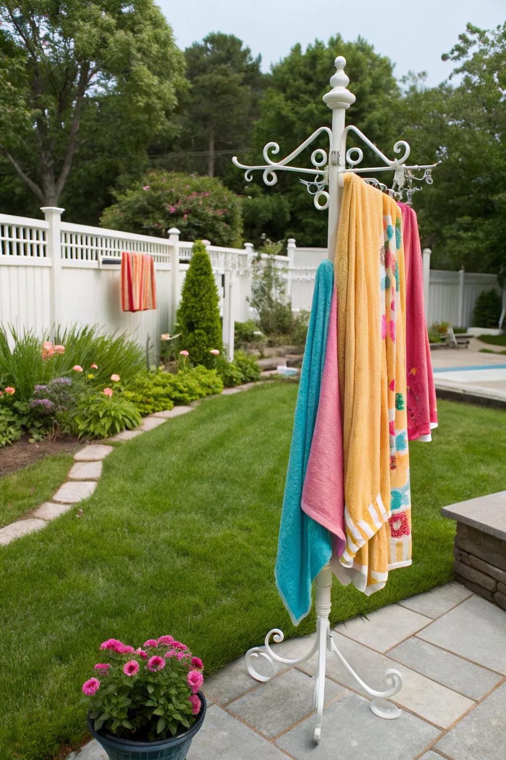 Transform an ordinary coat rack into a poolside towel organizer.