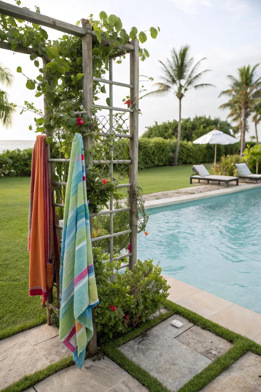 Blend towel storage with nature using a trellis hook system.