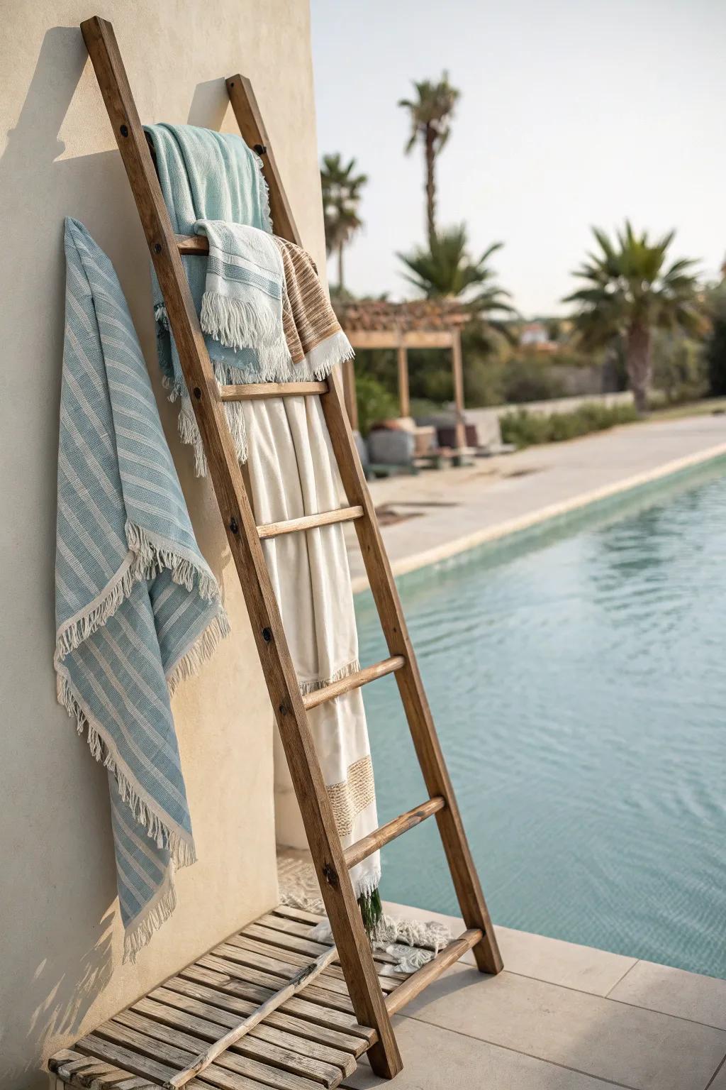Repurpose a vintage ladder as a stylish towel rack.
