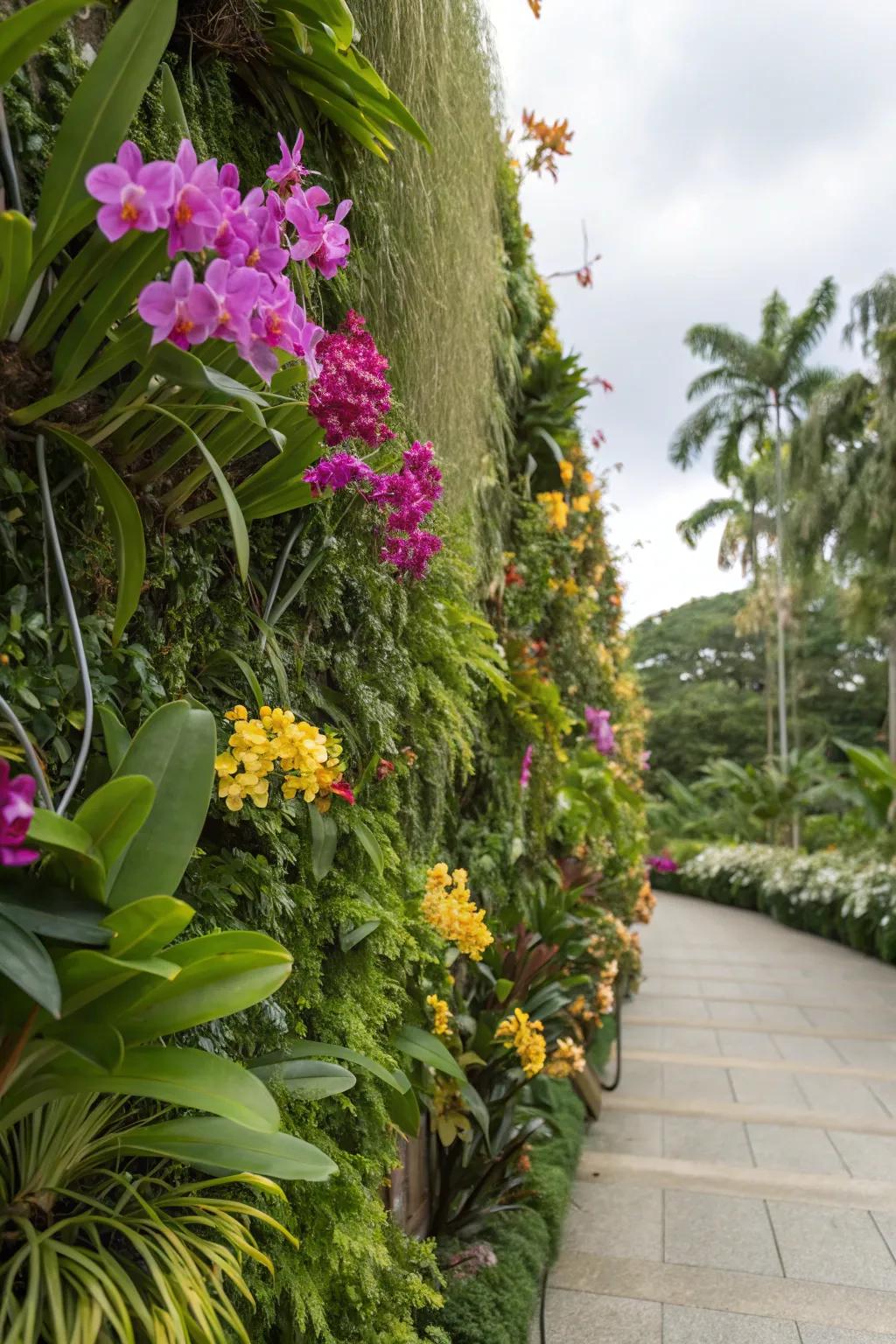 A vertical garden filled with orchids transforms any wall into a work of art.