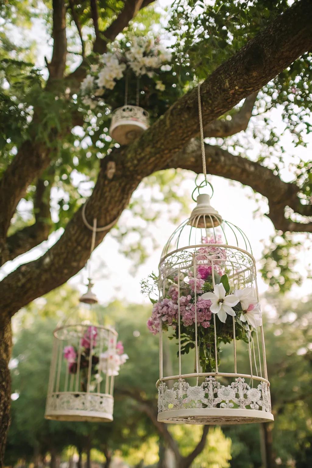 Birdcages turn orchid displays into enchanting garden decor.