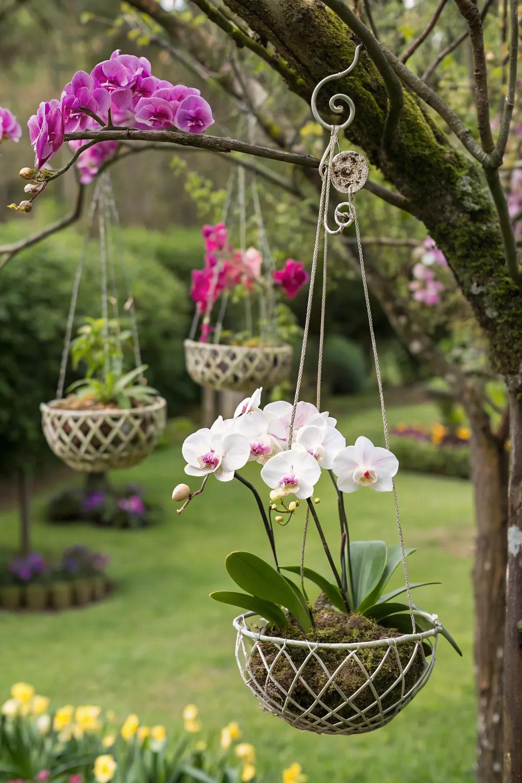 Wire holders provide a sophisticated way to display orchids outdoors.