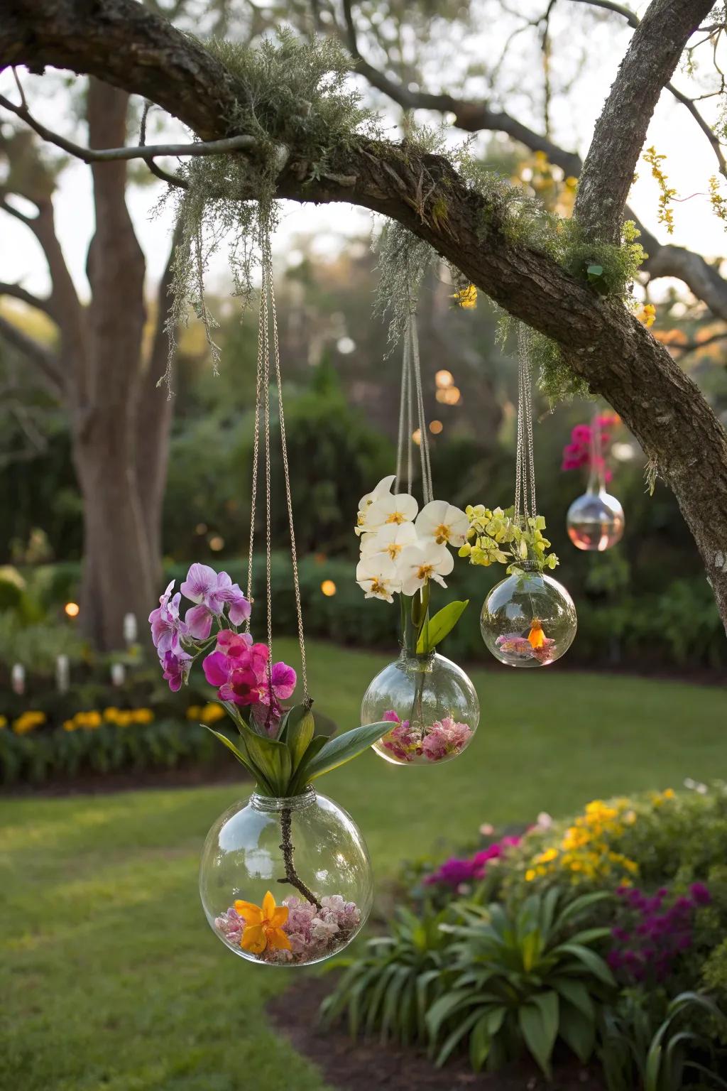 Hanging glass globes create an ethereal display of orchids.