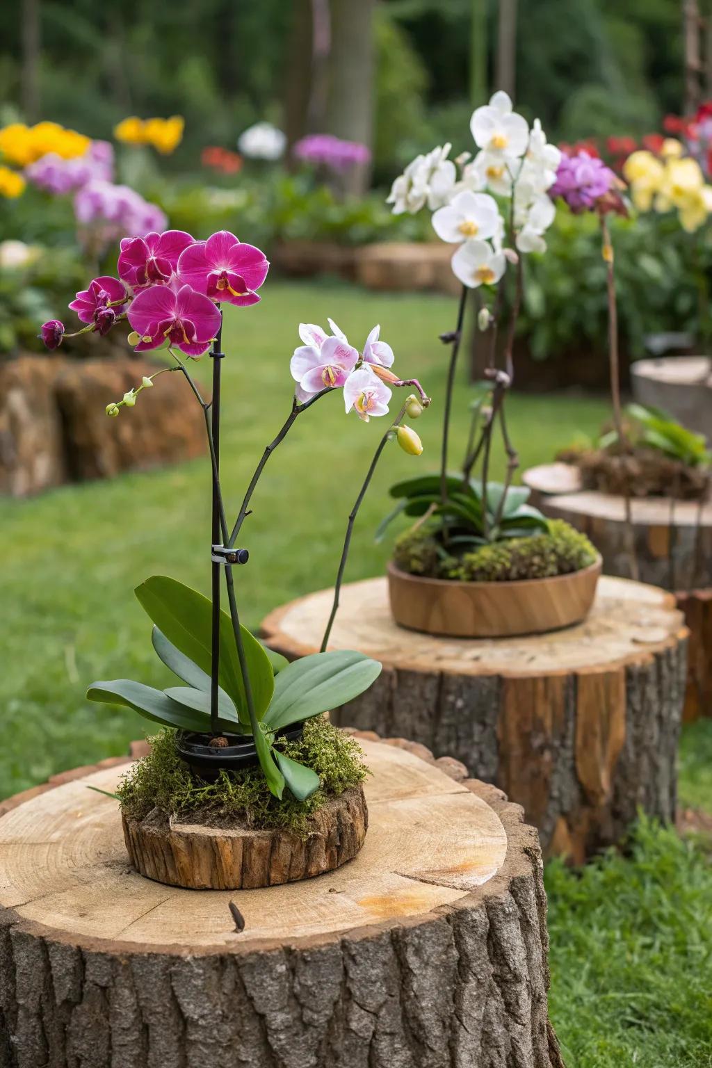 Natural wood elements complement the organic beauty of orchids.