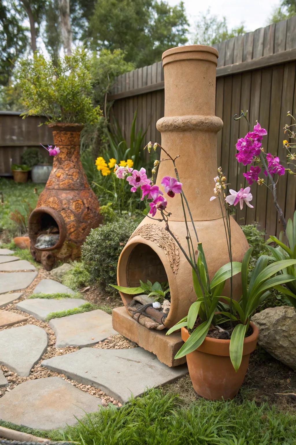 Clay chimeneas provide an earthy, rustic home for orchids.