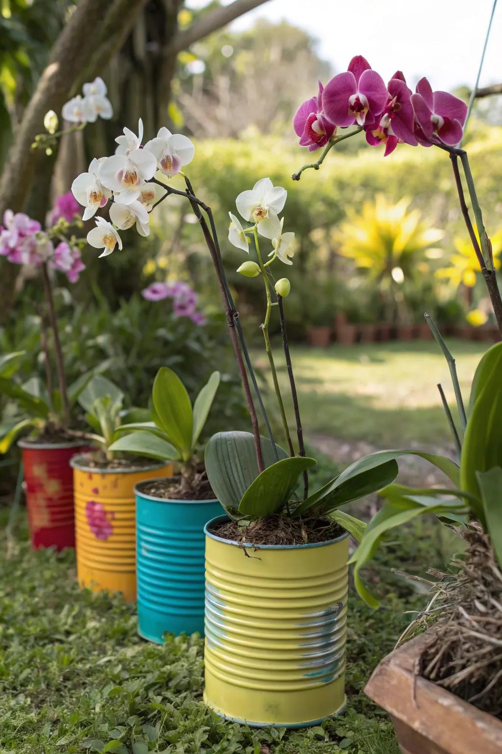 Recycled tin cans add a quirky, sustainable touch to orchid displays.