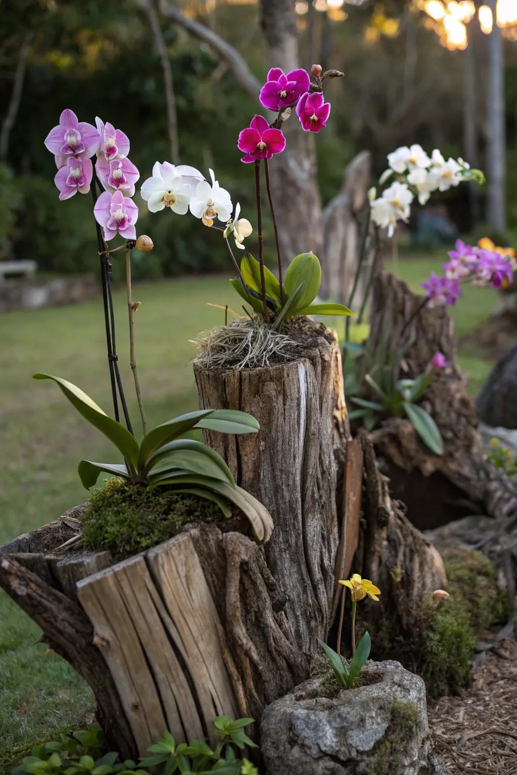 Driftwood provides a unique, natural base for orchid displays.