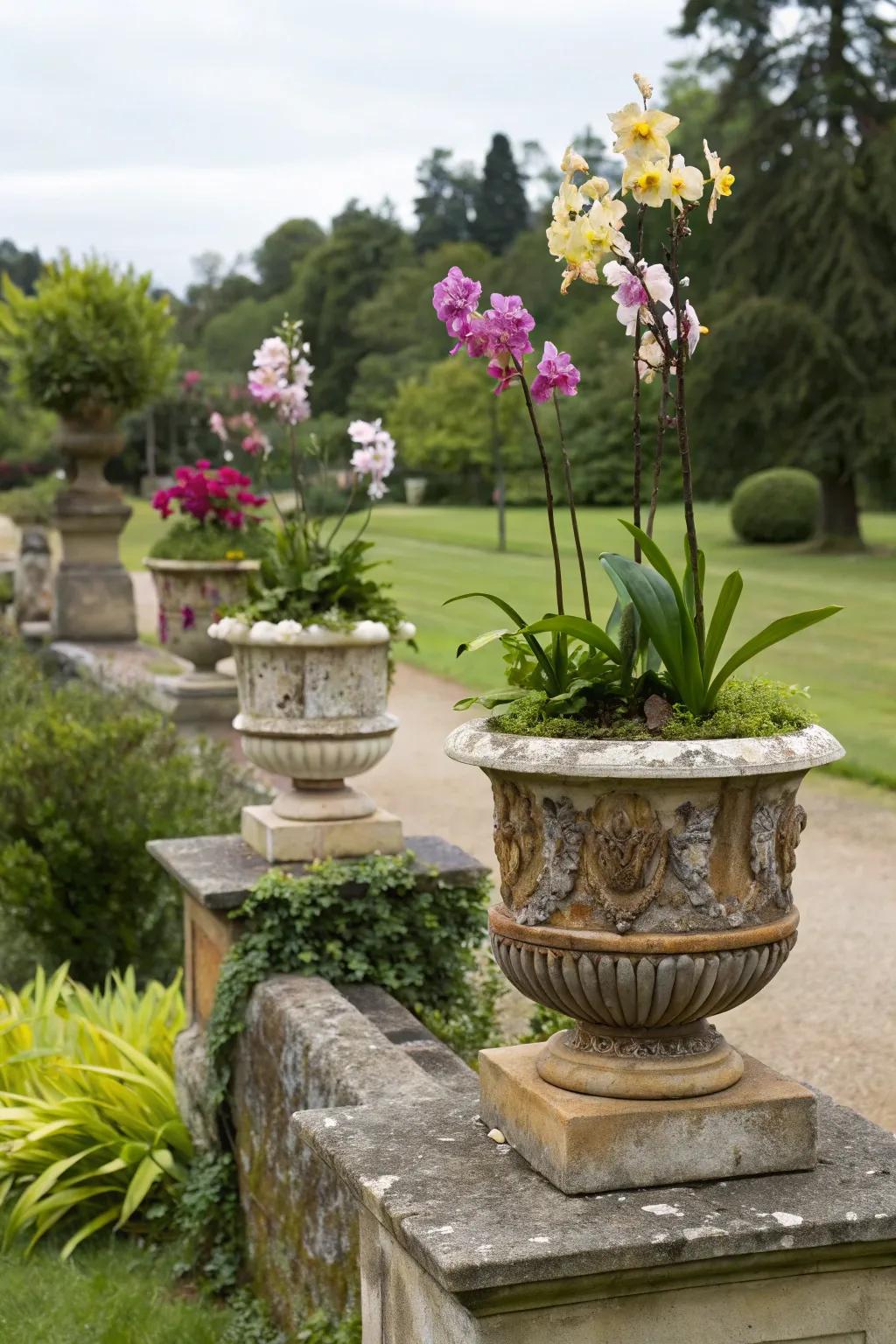 Antique containers bring timeless charm to orchid arrangements.