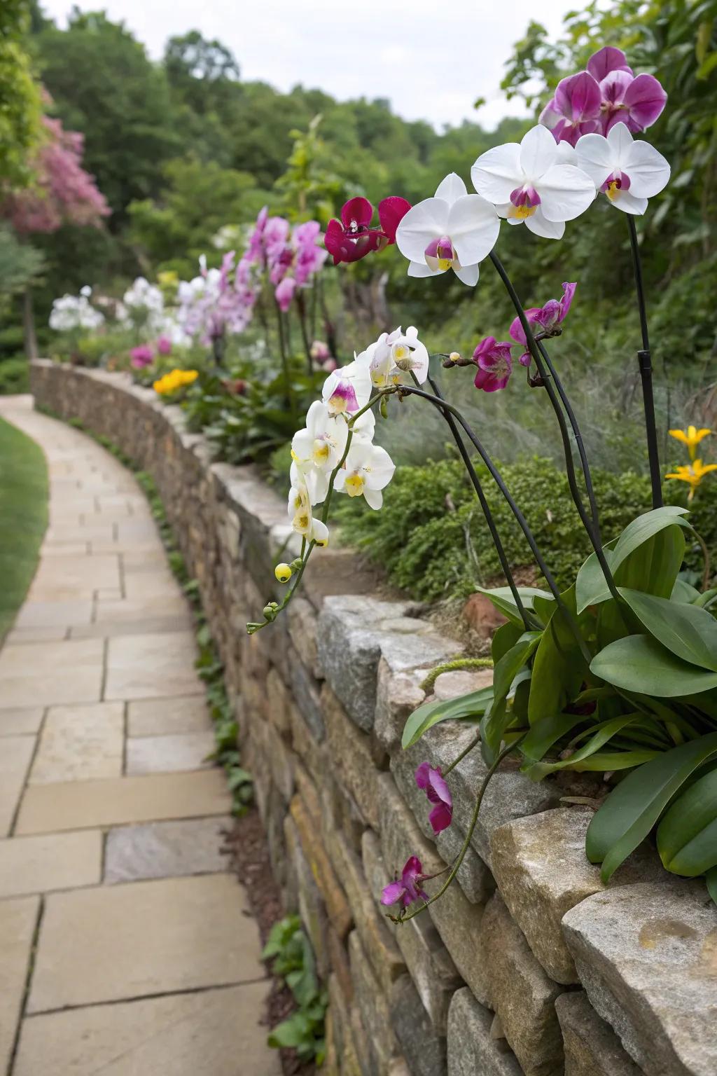 Stone walls provide a dramatic backdrop for orchid displays.