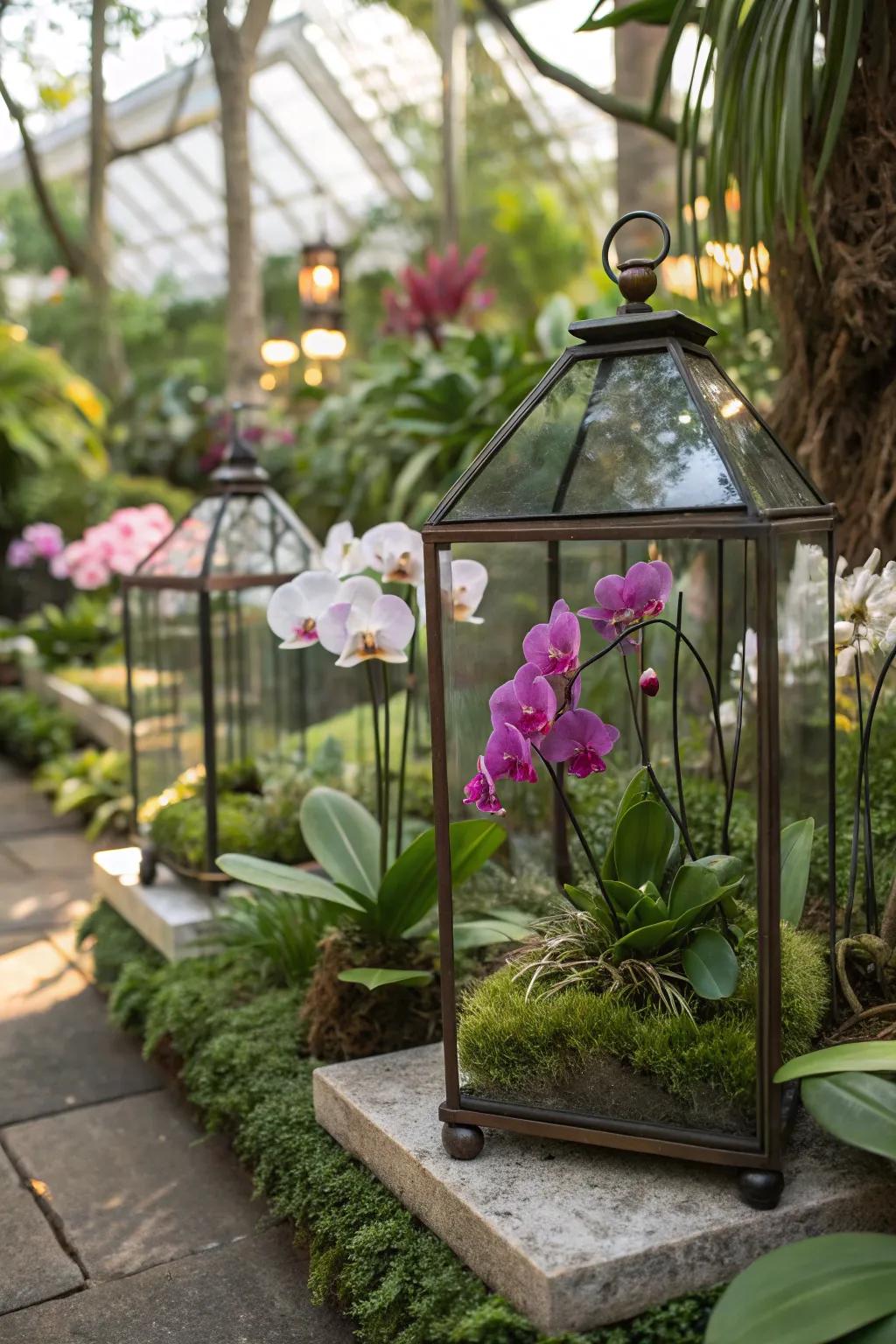 Terrariums offer a charming way to display orchids in a controlled environment.