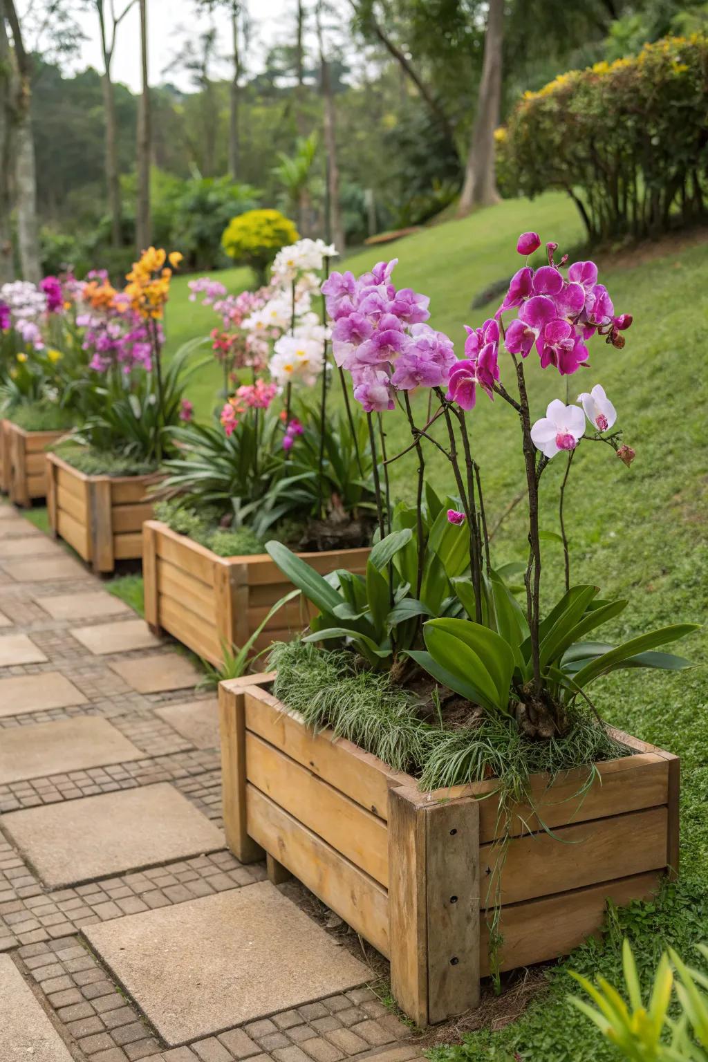 Planter boxes offer a versatile way to display orchids outdoors.