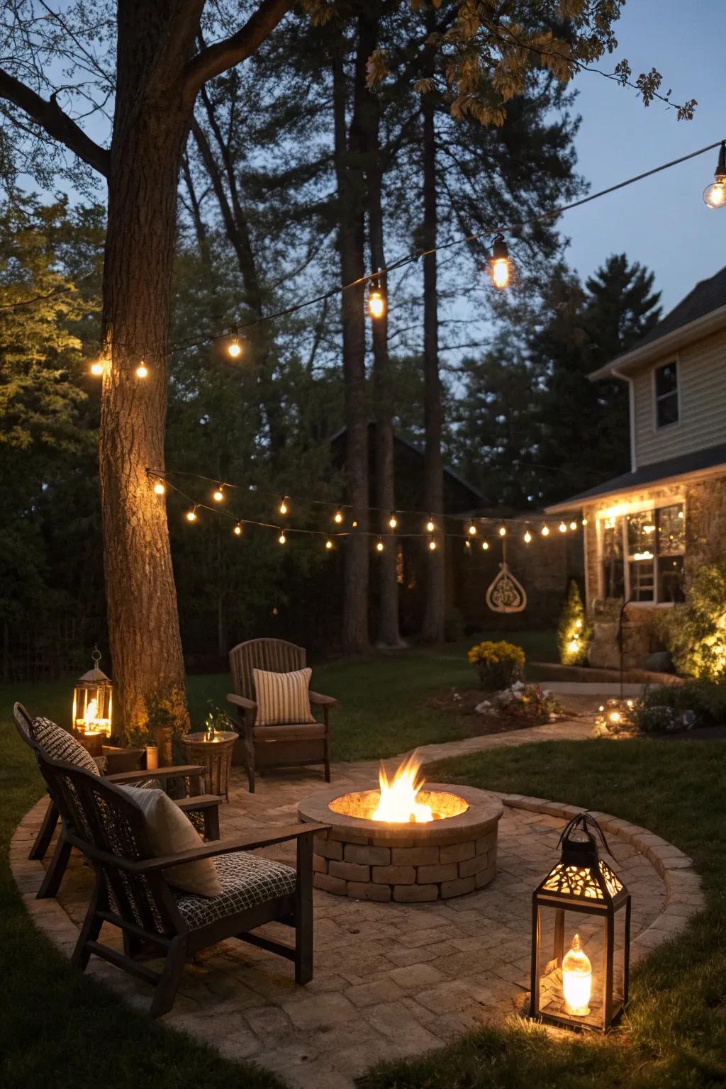 Lanterns add a touch of romance and warmth to the fire pit area.