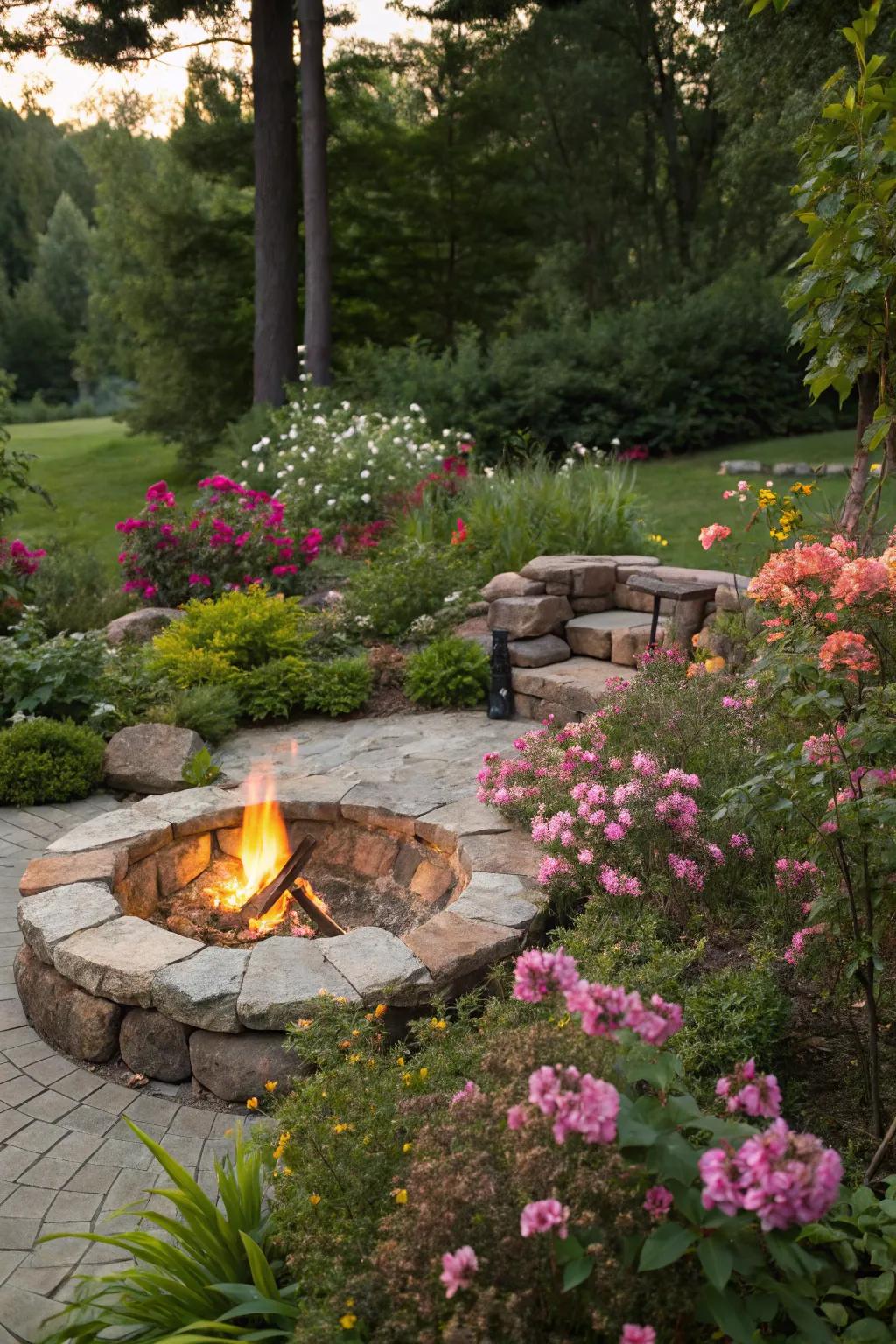 Natural stone fire pits blend beautifully with garden landscapes.