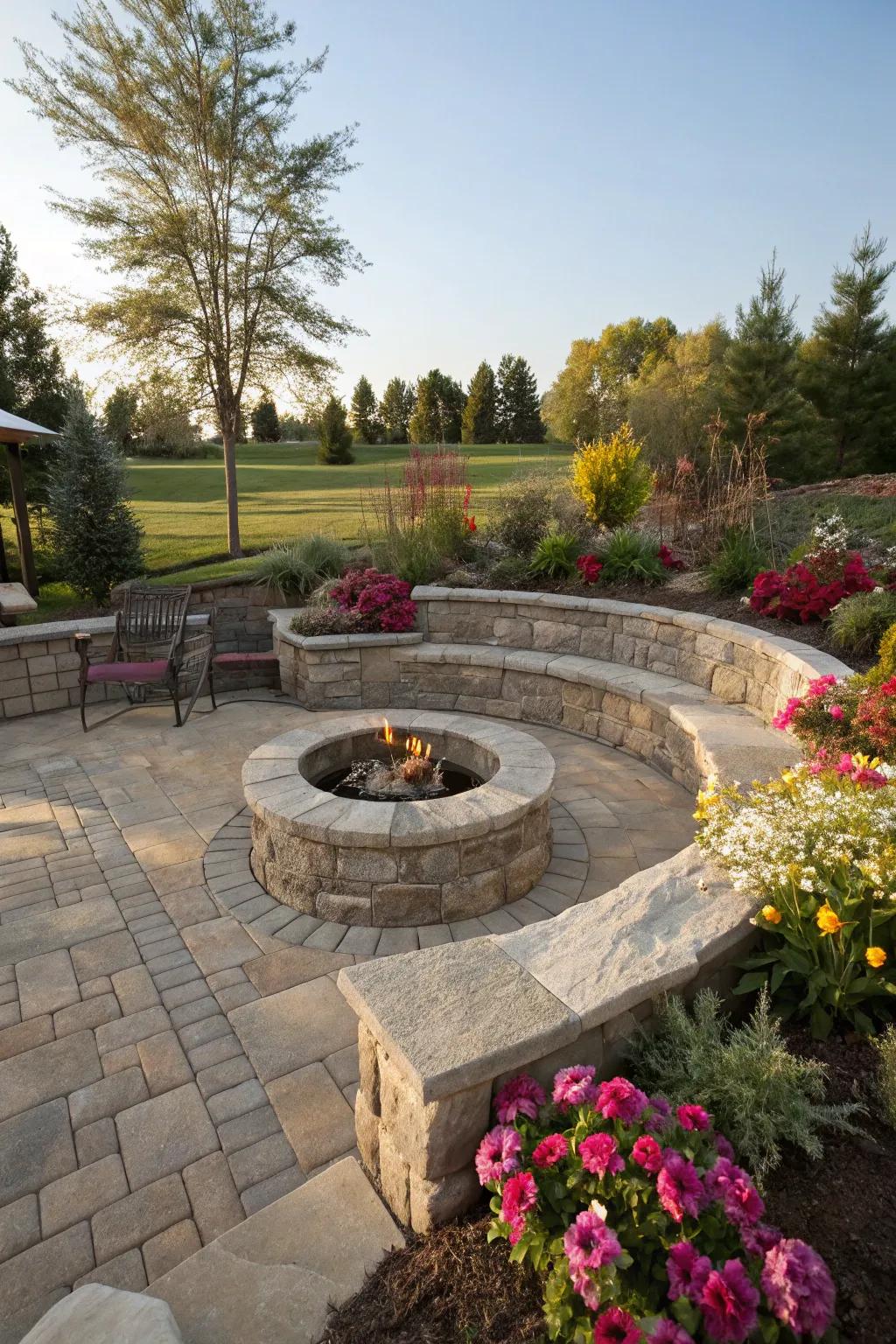 A sunken fire pit creates a cozy, sheltered retreat.