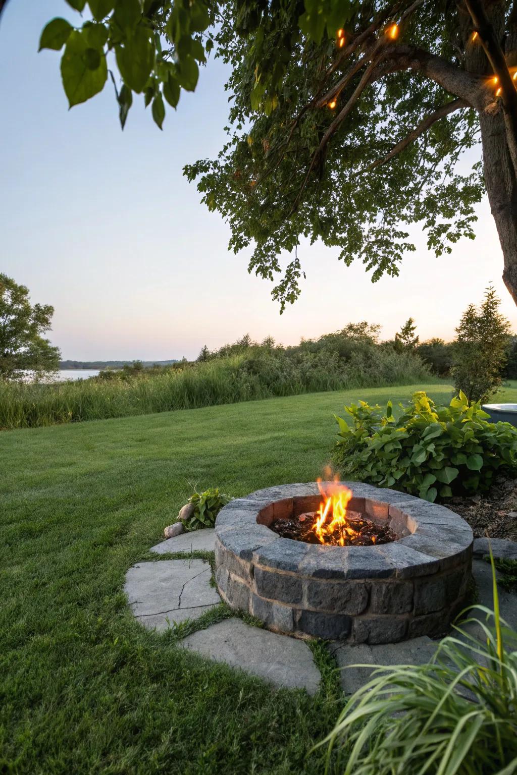 A simple stone circle fire pit offers rustic charm and warmth.