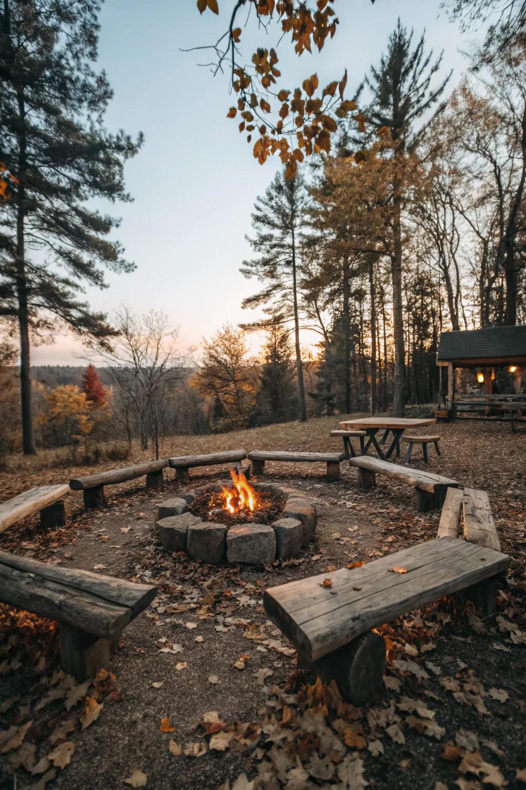 Log benches add a natural, rustic charm to any fire pit.