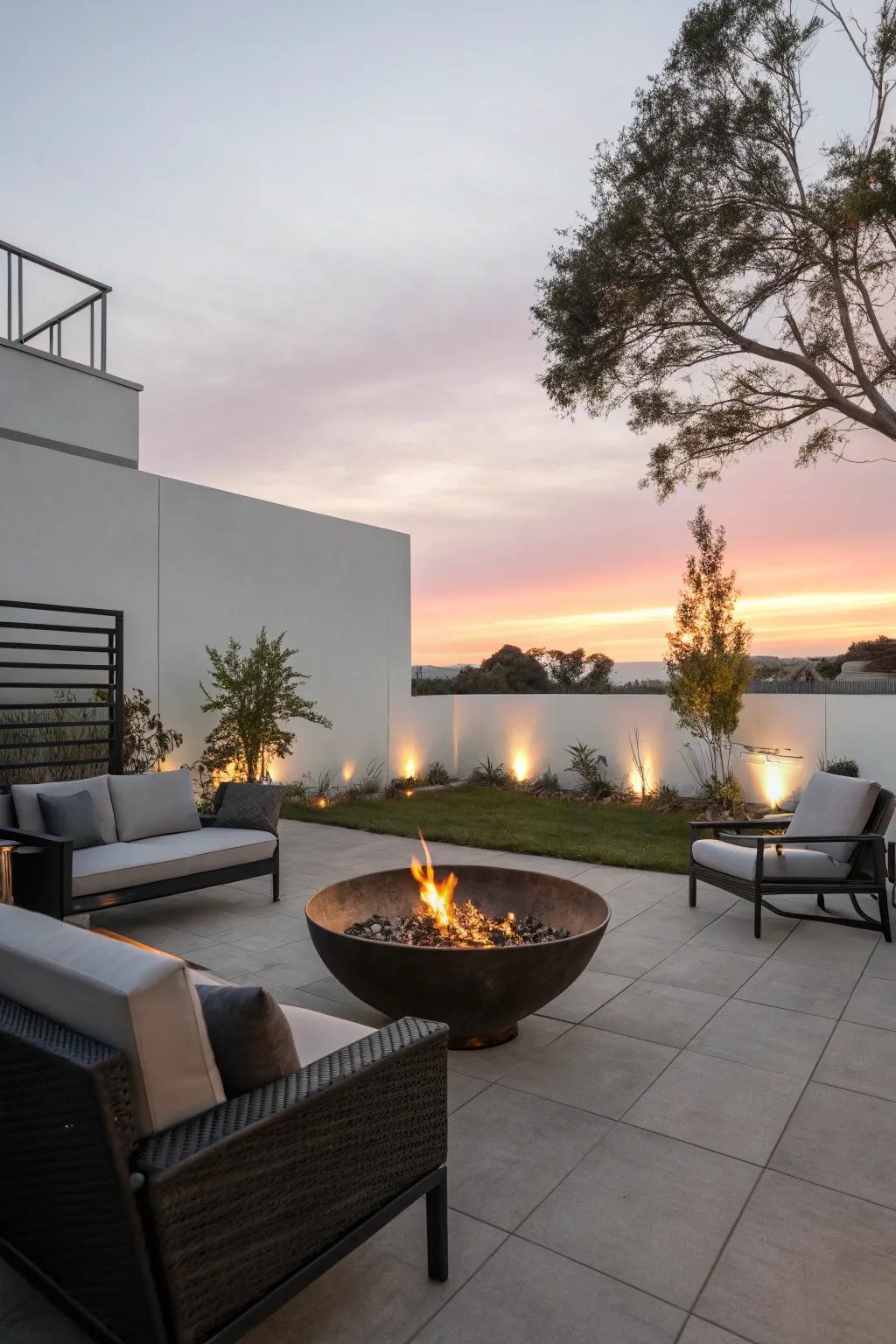 A metal bowl fire pit brings modern elegance to outdoor spaces.