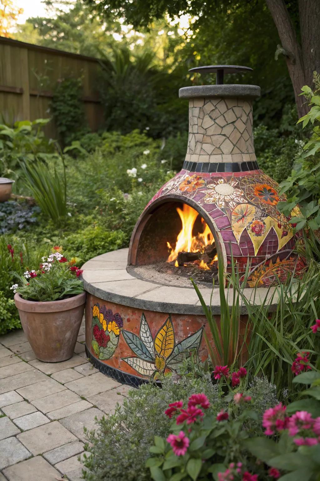 A mosaic fire pit is a colorful and creative focal point.