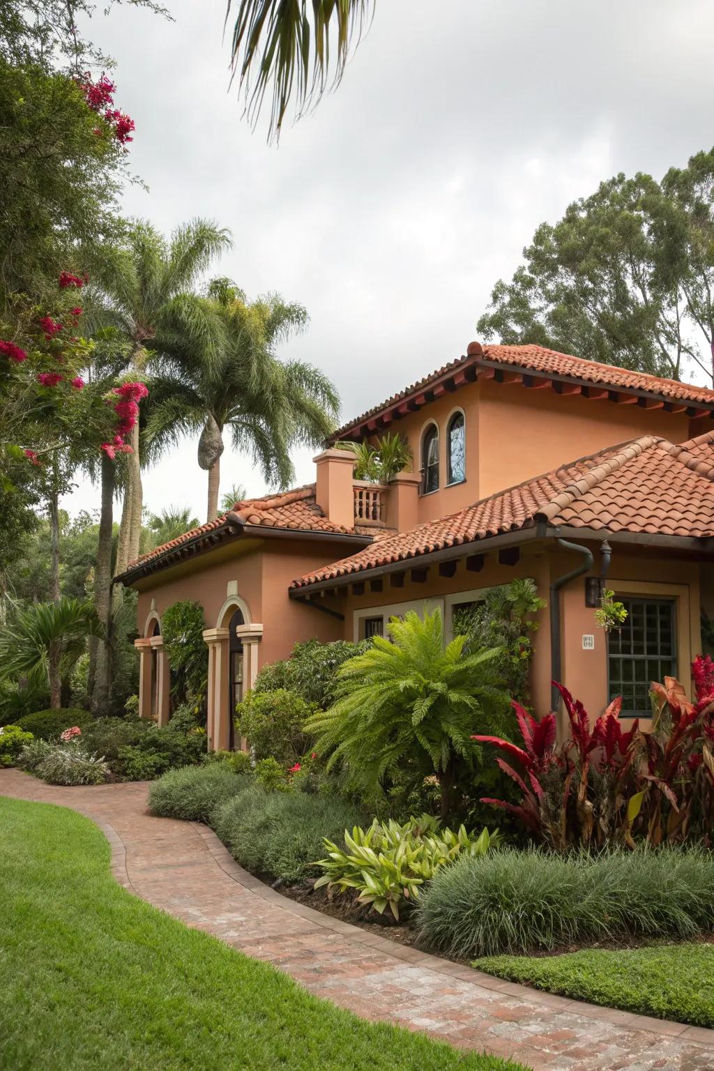 Earthy tones and terracotta roofs evoke a Mediterranean ambiance.