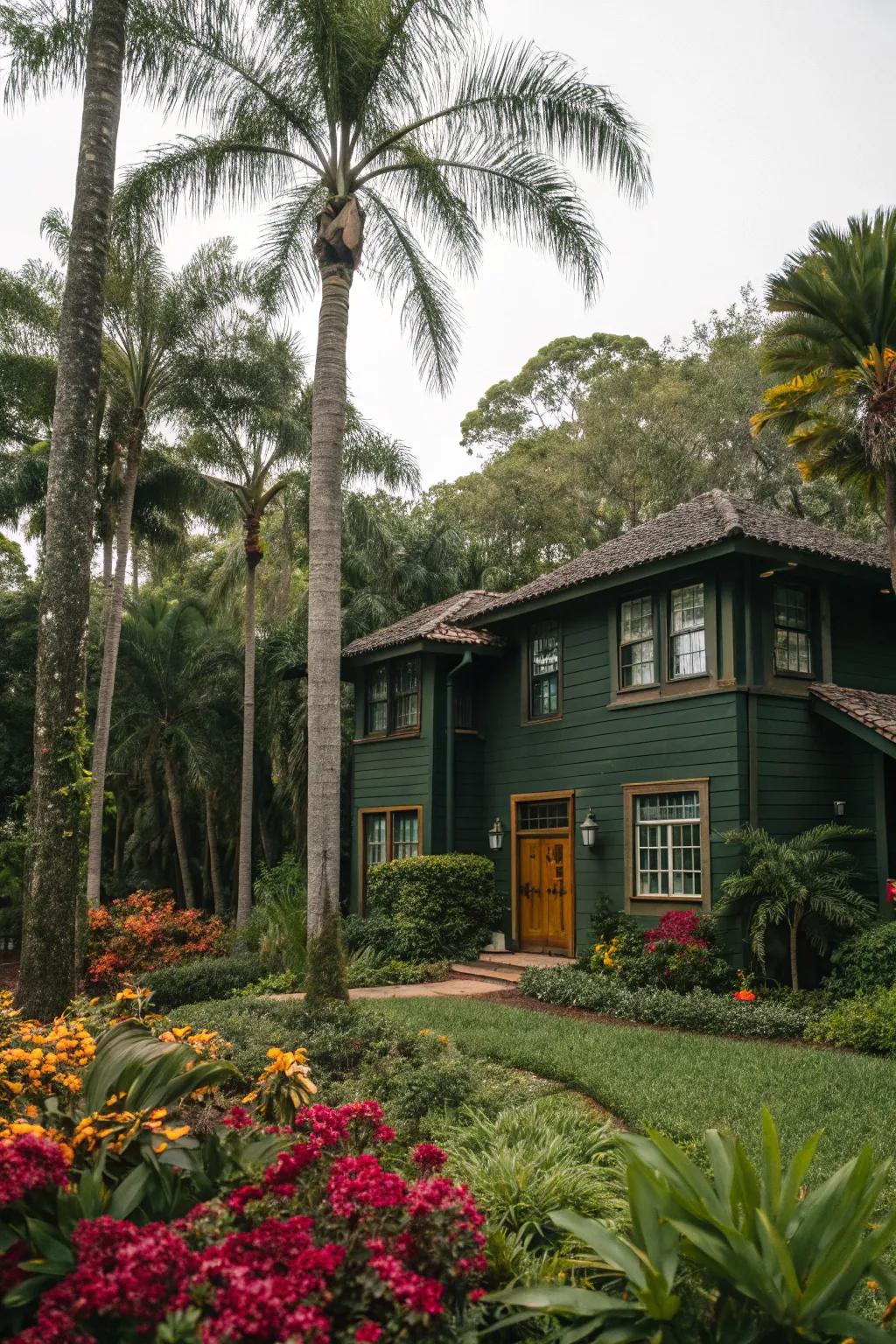 Dark green adds depth and drama to this lush Florida setting.