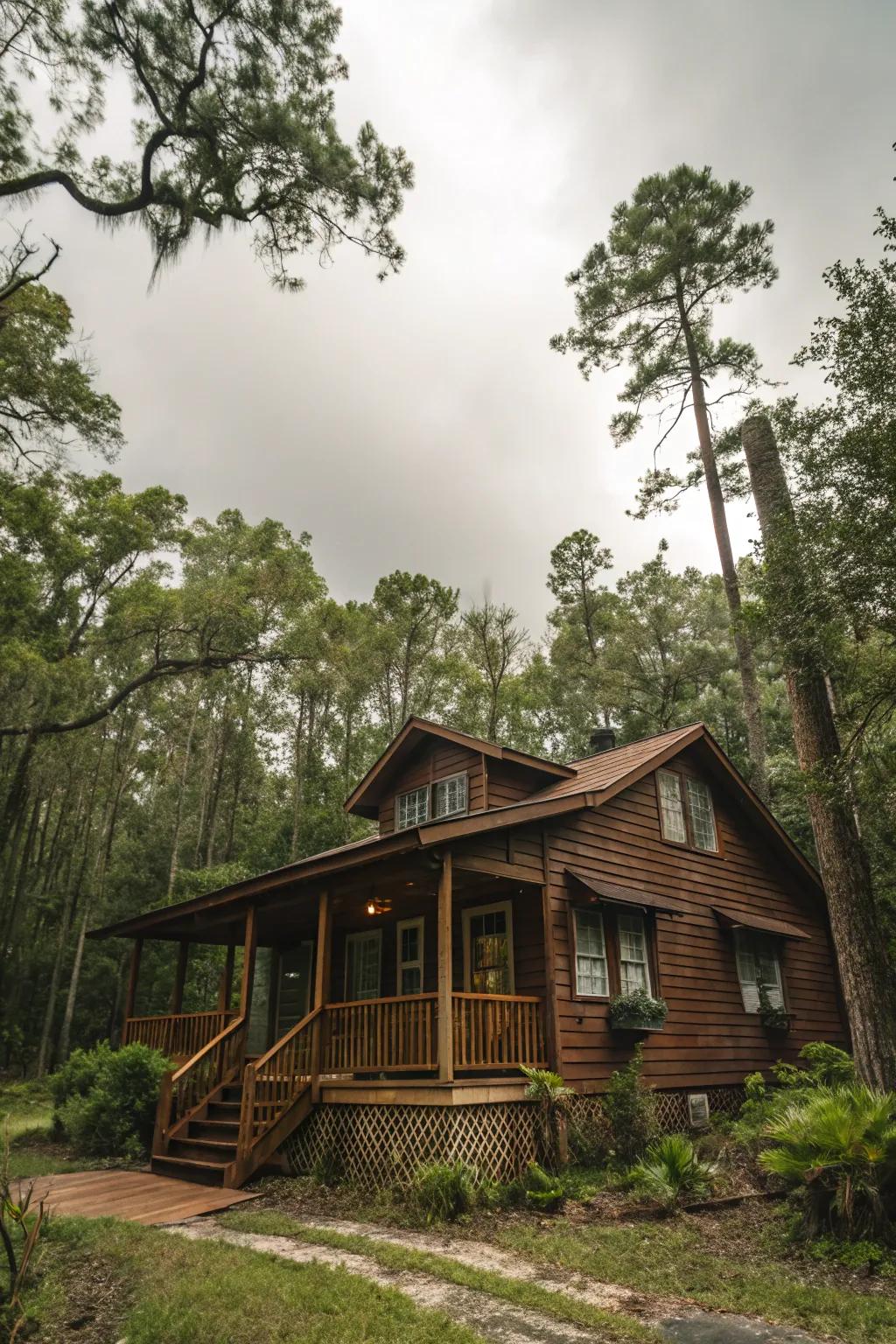 Rustic brown enhances the natural charm of this cabin.