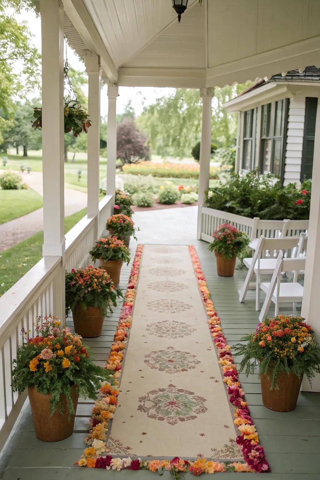 A unique aisle runner adds style and focus to this porch wedding ceremony.
