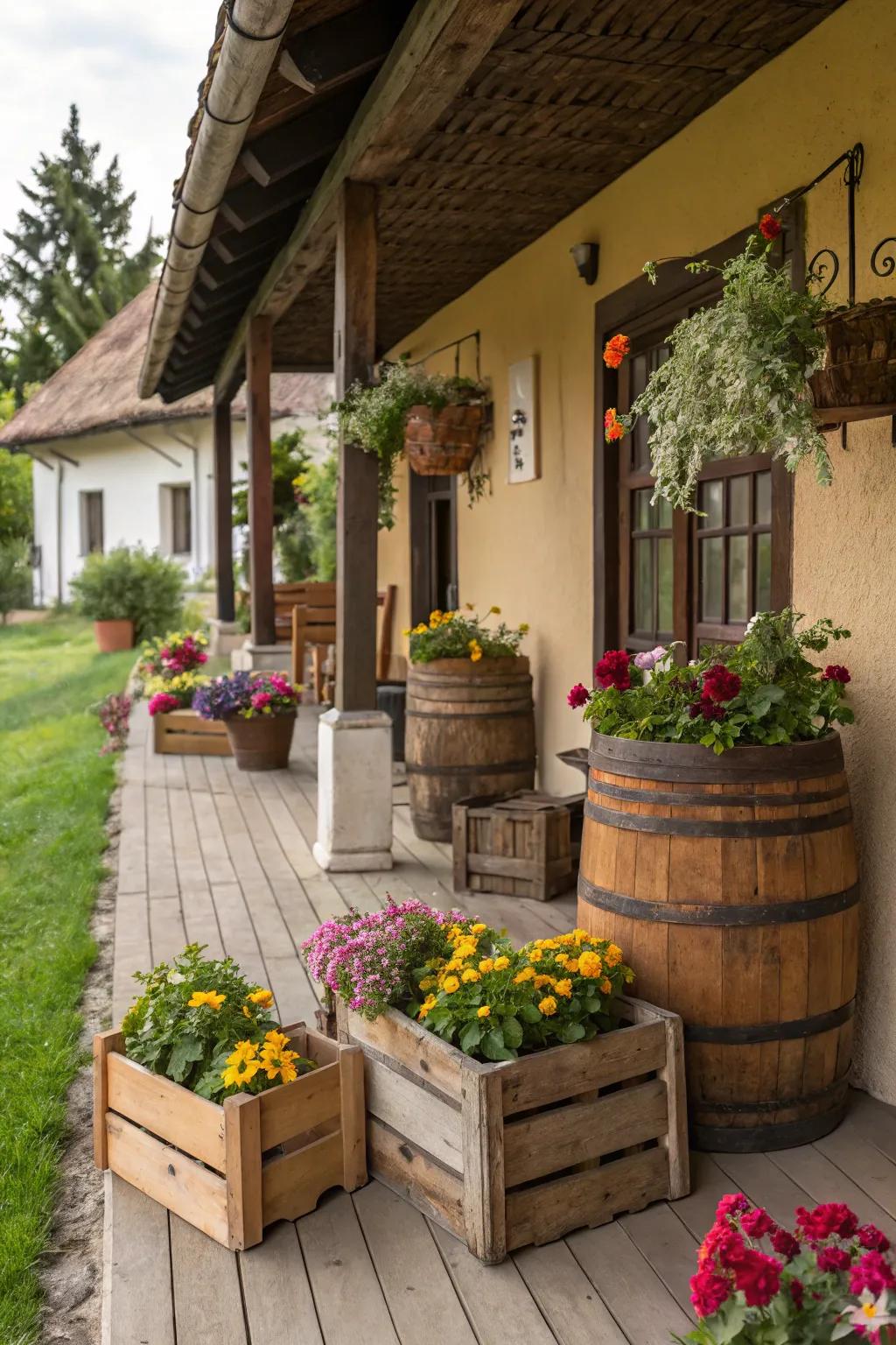 Rustic barrels and crates add a natural touch to this porch wedding decor.