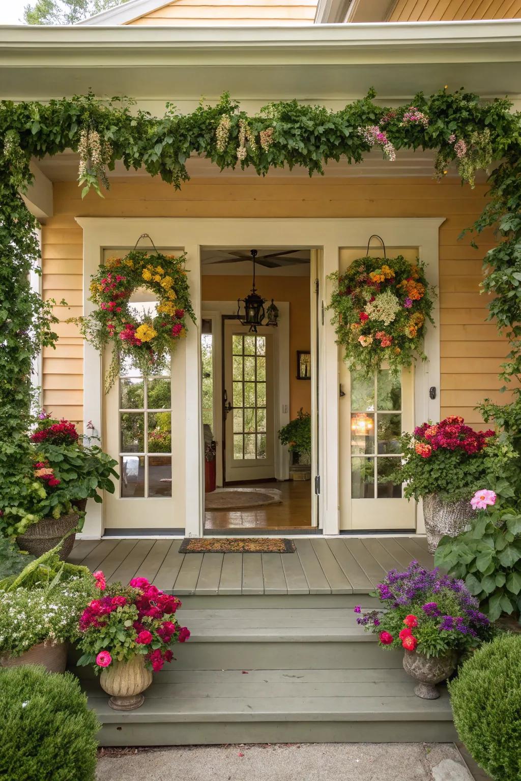 Floral wreaths bring a welcoming charm to this porch wedding entrance.