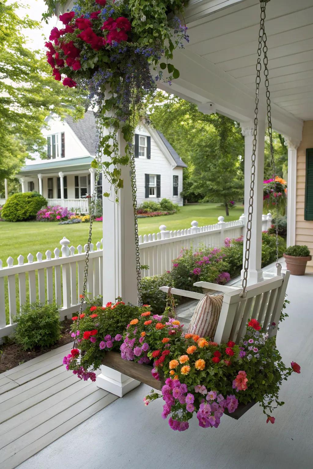 A flower-adorned swing adds whimsy and charm to this porch wedding.