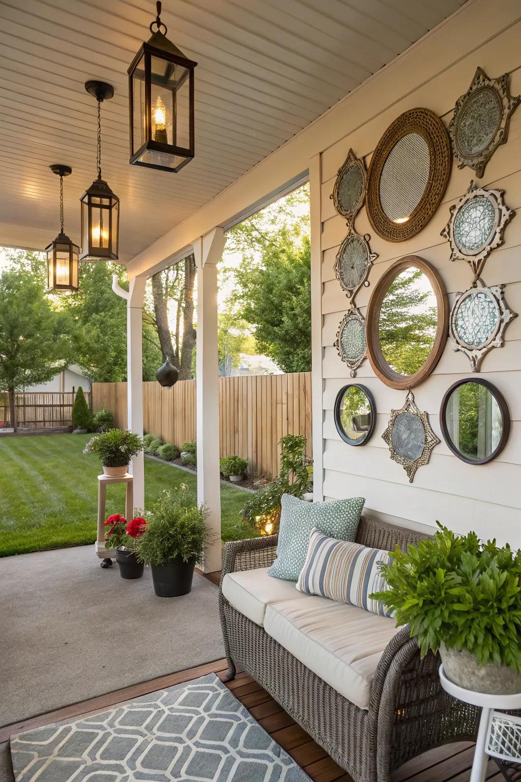 Mirrors add elegance and dimension to this beautifully decorated porch.