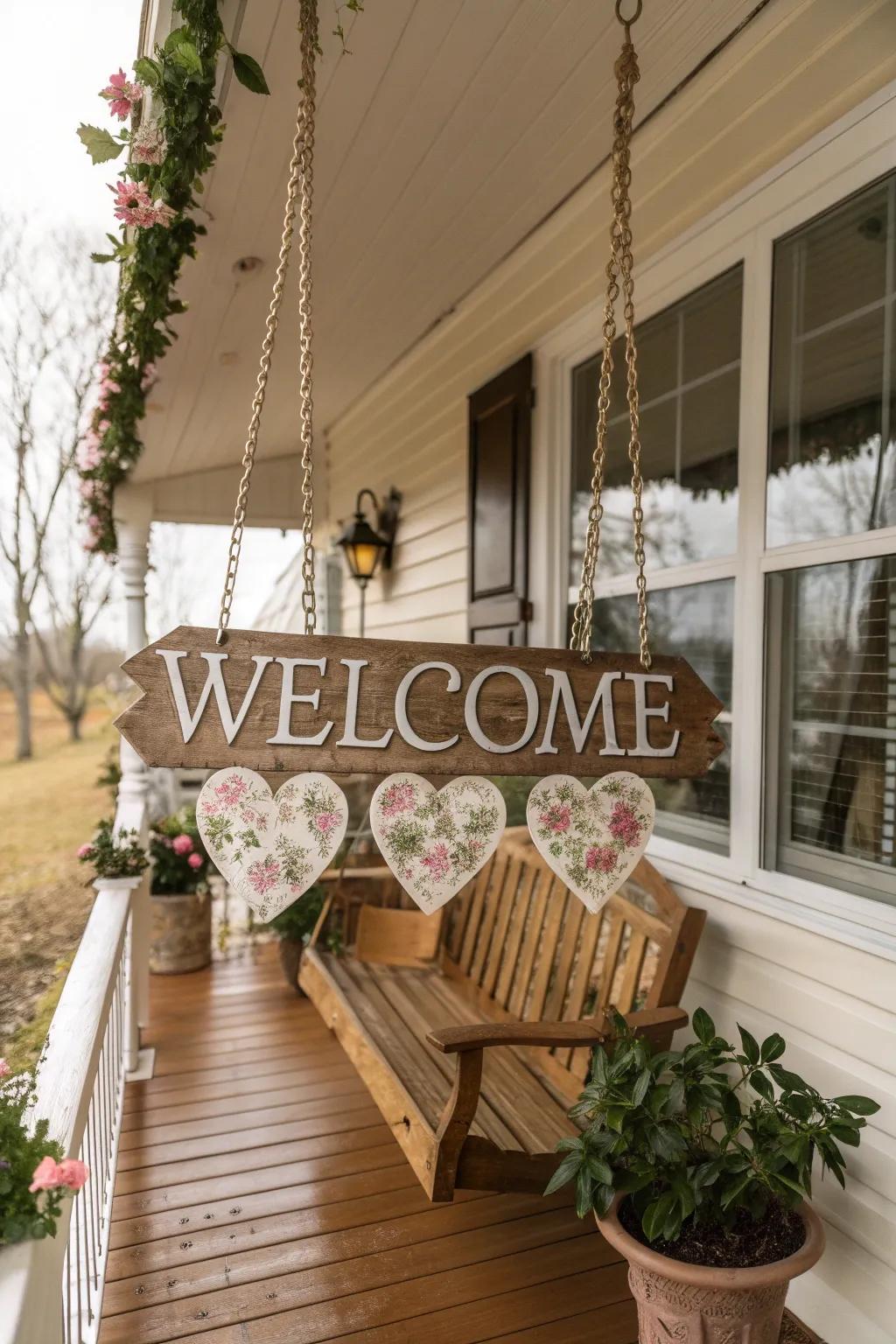 A personalized welcome sign greets guests at this beautiful porch wedding.