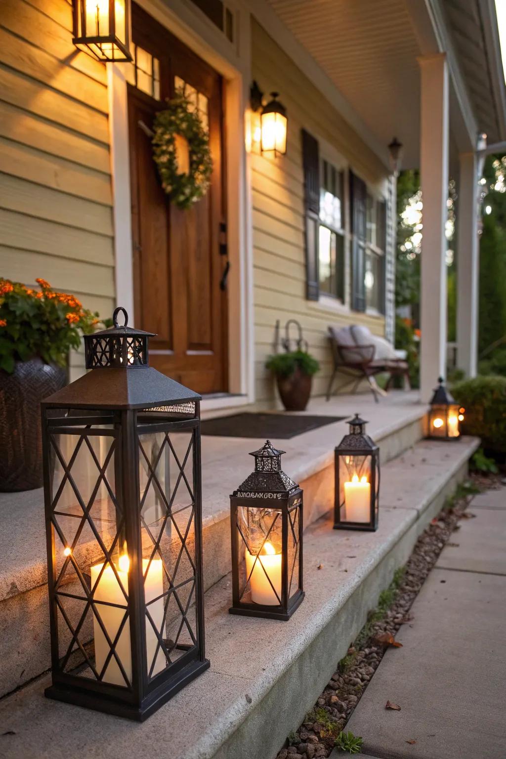 Decorative lanterns cast a warm, romantic glow on this porch wedding.
