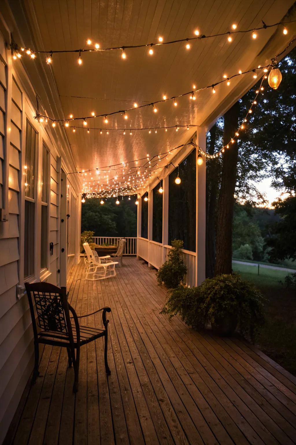 String lights create a magical, starry effect on this porch wedding.