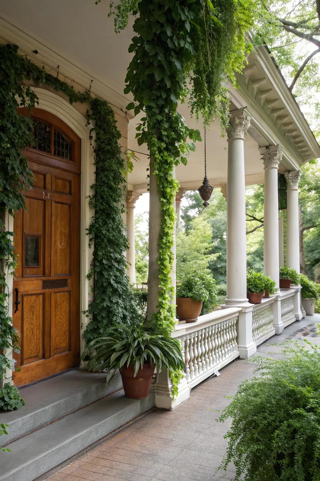 Lush greenery transforms this porch into a vibrant wedding venue.