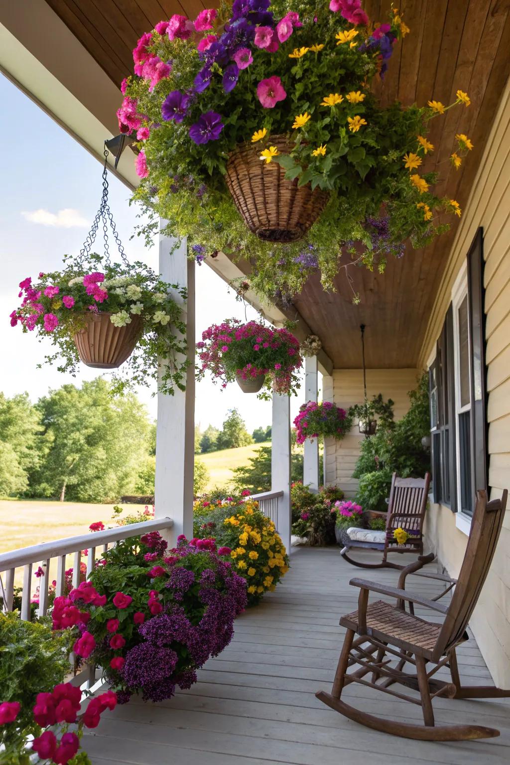 Hanging baskets bring a vibrant garden feel to this porch wedding.