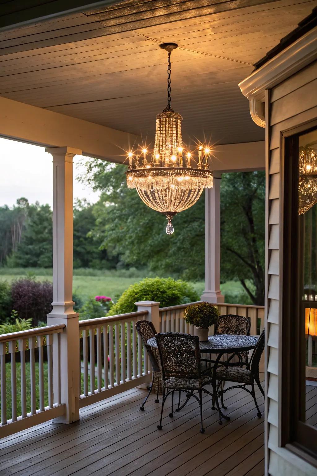 A chandelier adds elegance and warmth to this porch wedding setting.