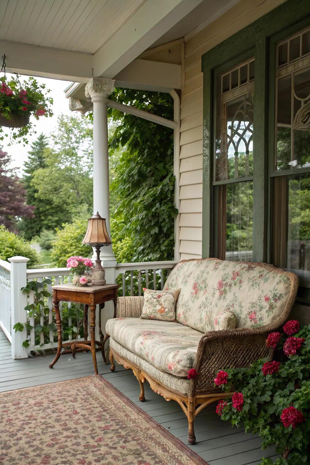 Vintage furniture adds charm and comfort to this porch wedding setup.