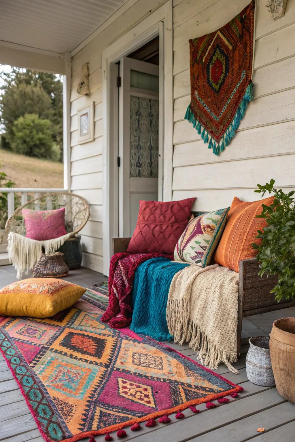 An eclectic mix of textiles brings warmth and style to this porch wedding.