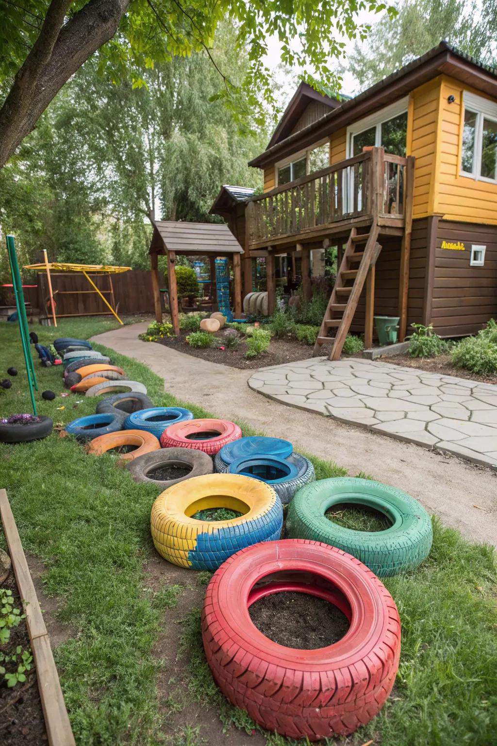 A backyard play area using reclaimed materials.