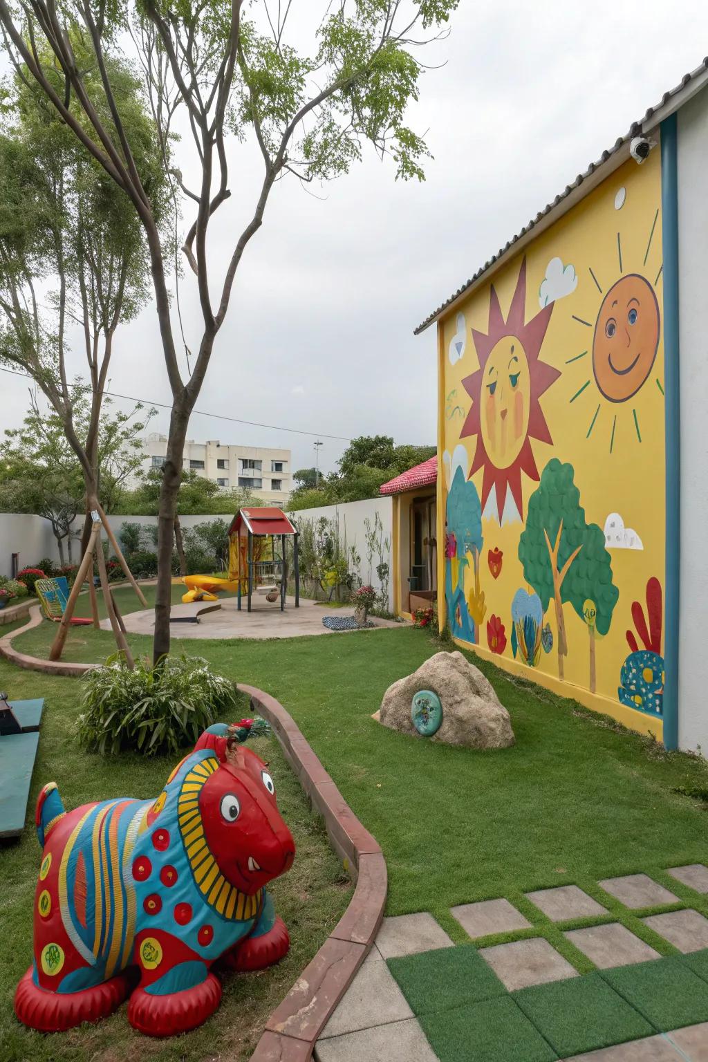 A backyard play area with colorful murals and sculptures.
