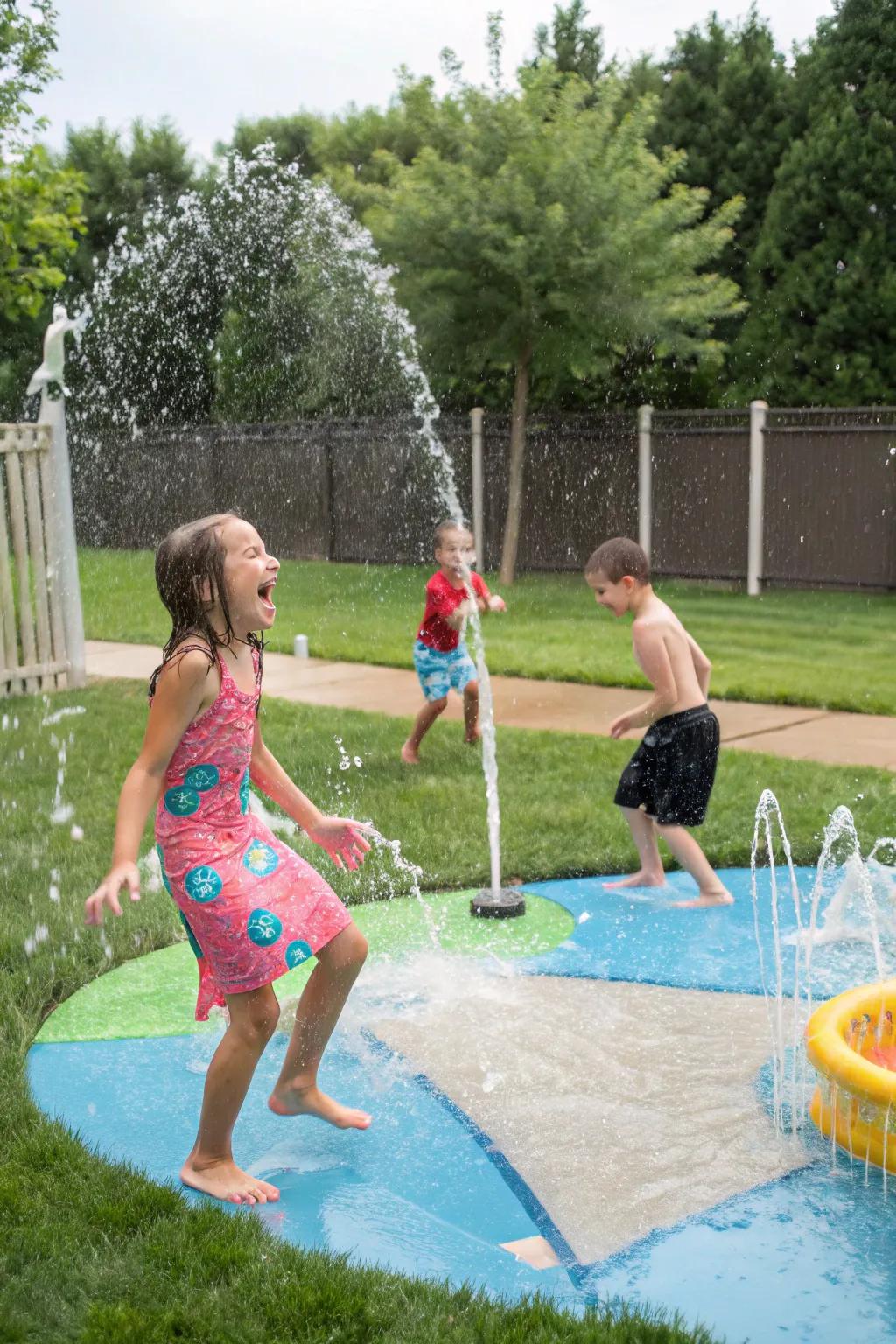 A backyard splash pad with kids playing.