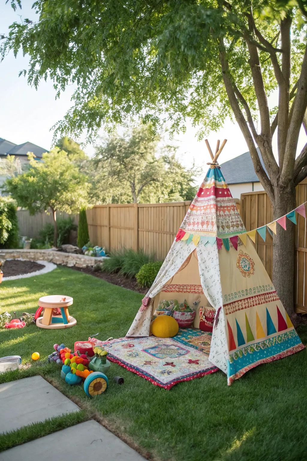 A backyard play area with a colorful teepee tent.