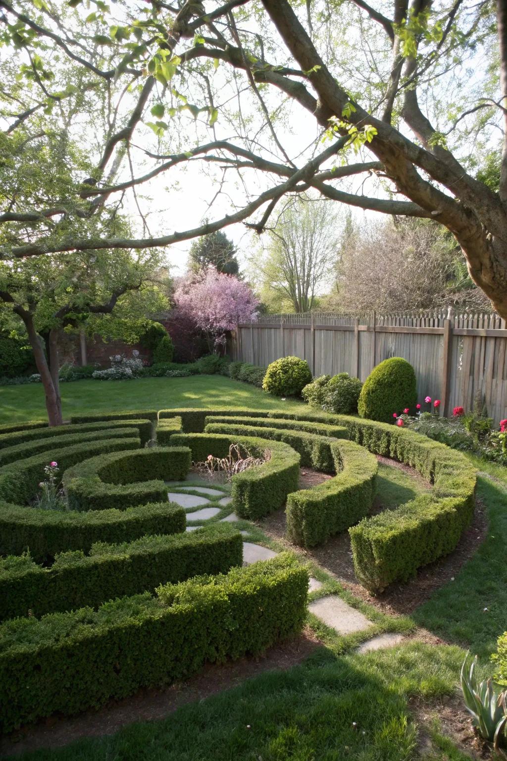 A backyard with a garden labyrinth made of hedges.