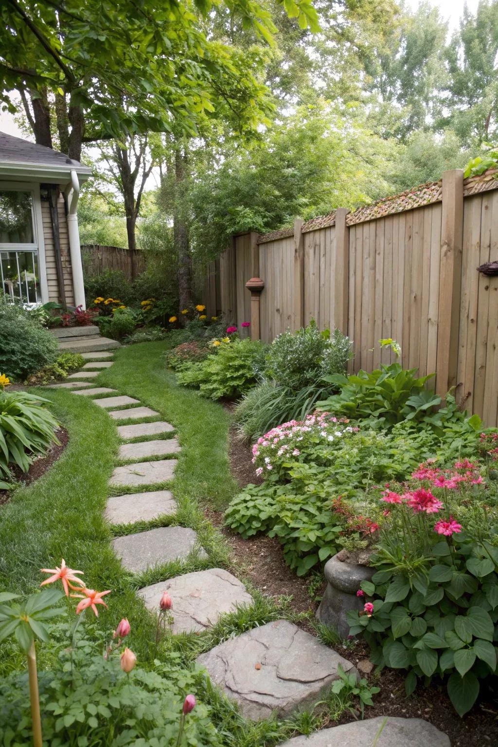 A backyard with an interactive stepping stone path.