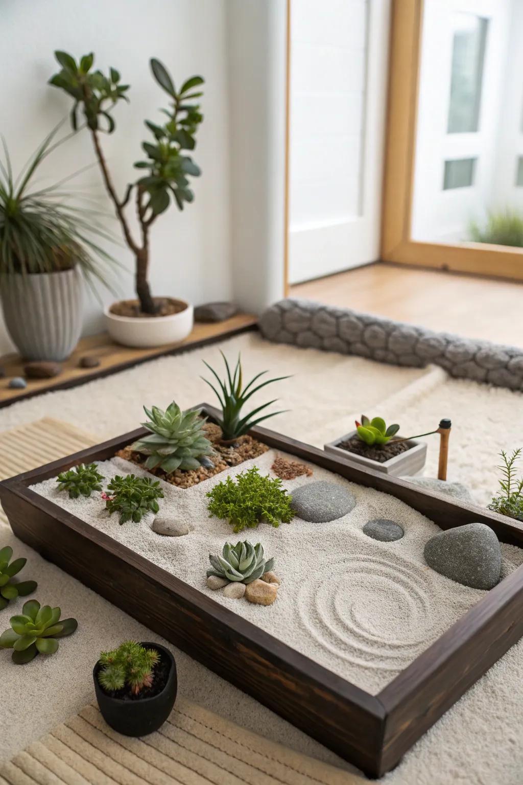 Succulents and sand create a lush and low-maintenance zen garden.