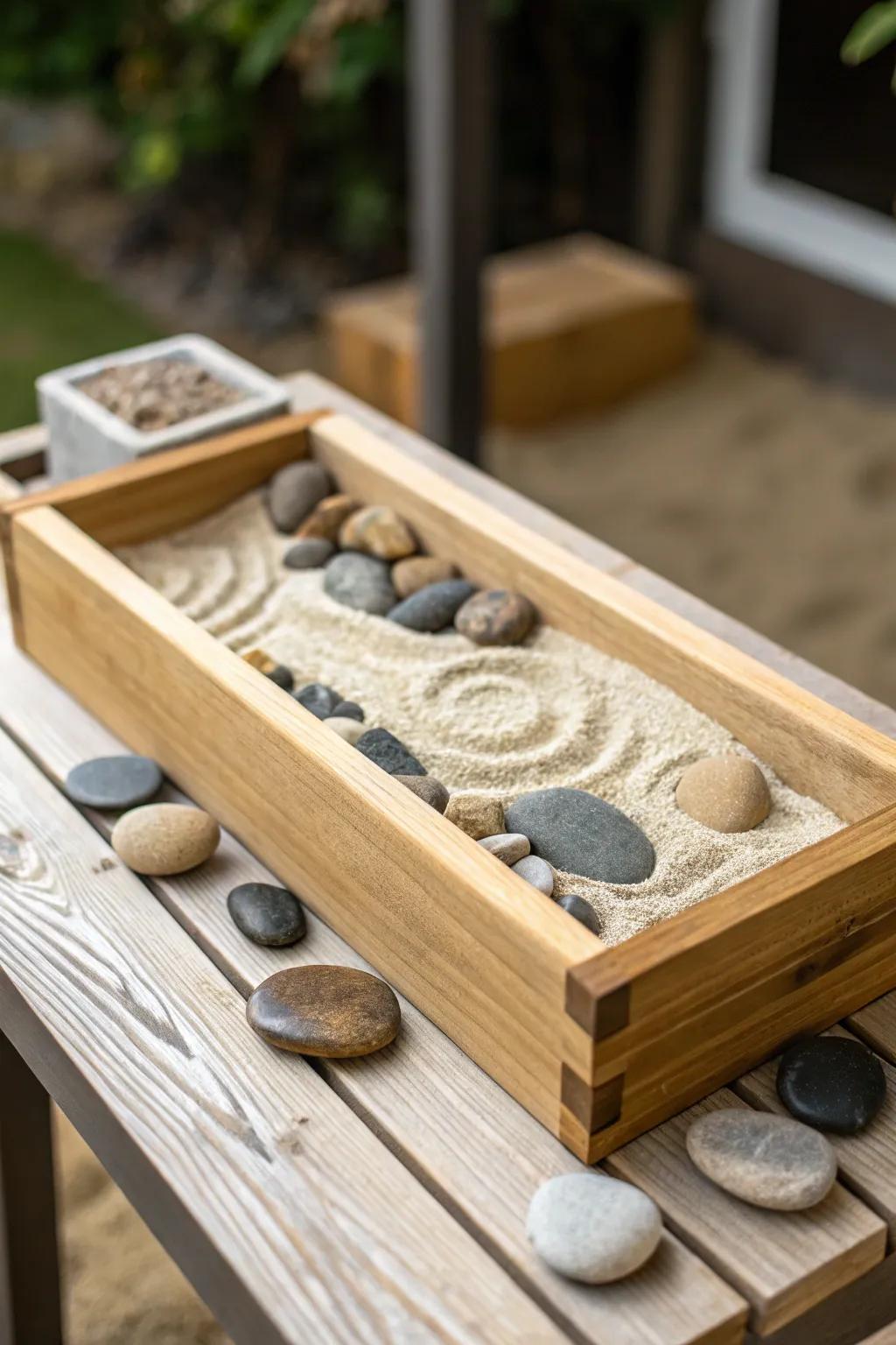 A wooden box emphasizes natural materials in your zen garden.