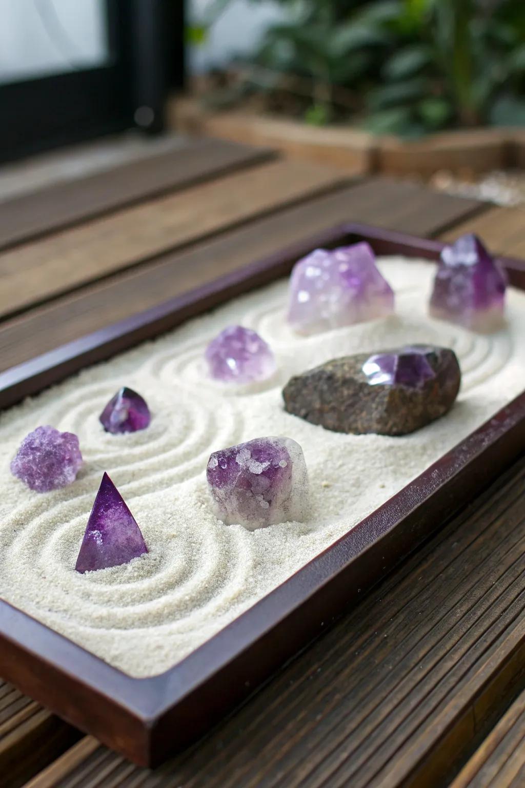 Crystals add a touch of sparkle and energy to your zen garden.