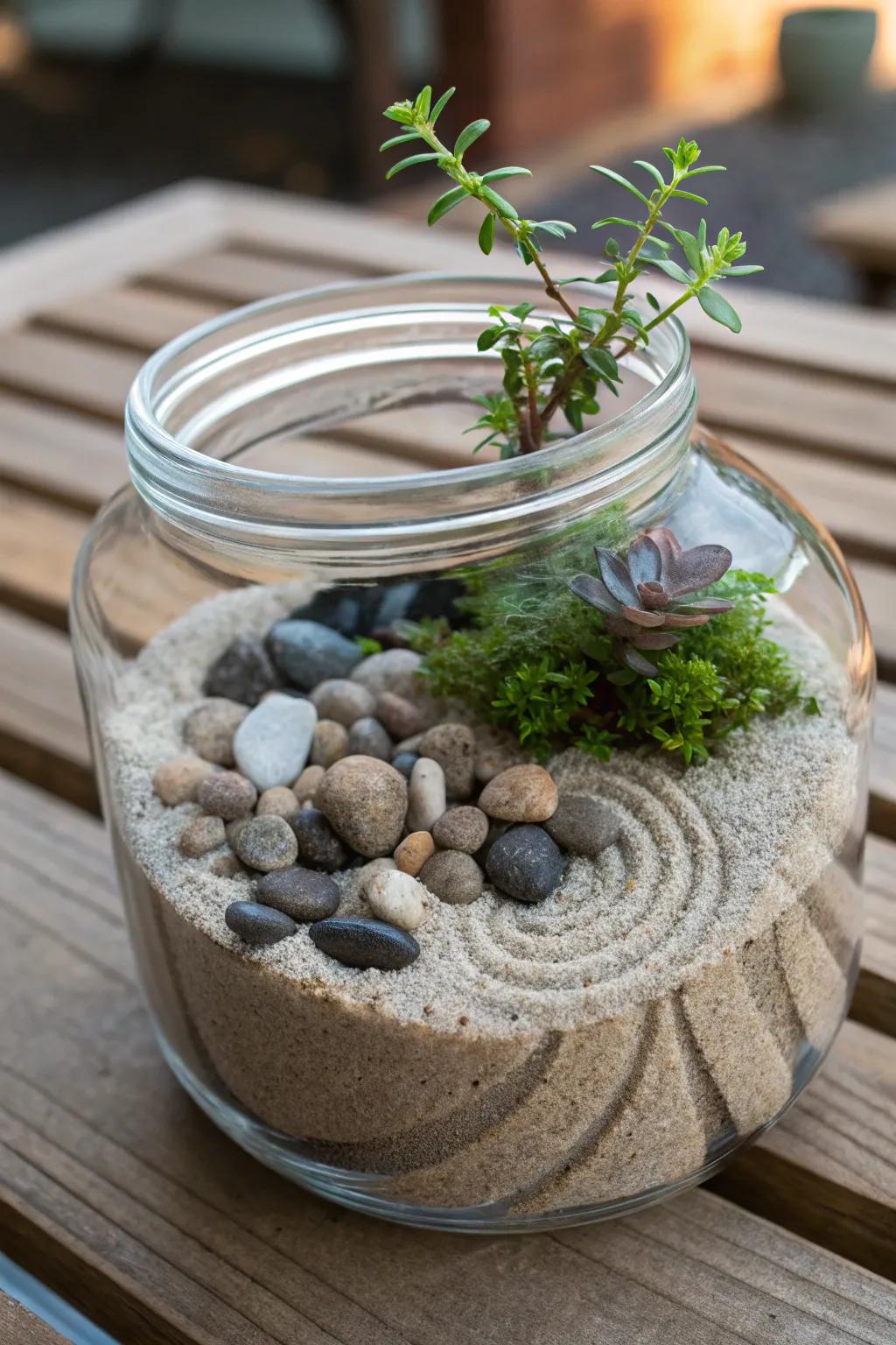 A zen garden in a jar offers portable tranquility.
